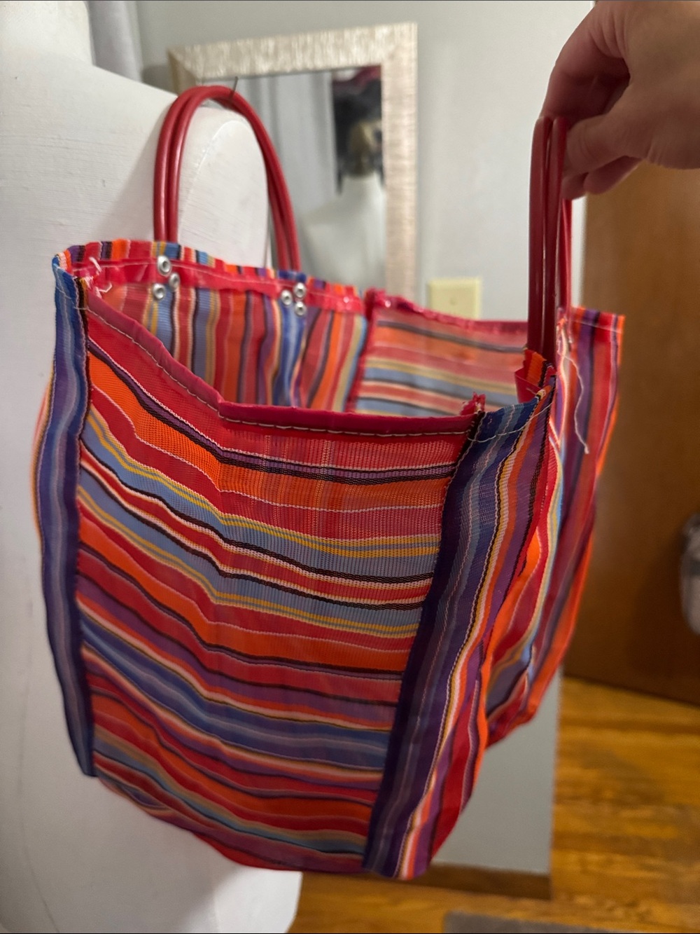 Vintage Woven Plastic Tote Bag-Rainbow Stripes-Mesh Look-Hand Carry Double Strap - Picture 10 of 13